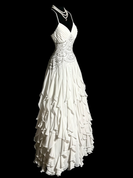 Fairy A-Line White Long Prom Dress Chiffon Beaded Evening Dress DP07433