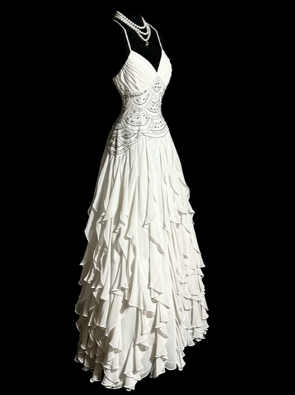 Fairy A-Line White Long Prom Dress Chiffon Beaded Evening Dress DP07433