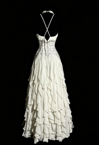 Fairy A-Line White Long Prom Dress Chiffon Beaded Evening Dress DP07433