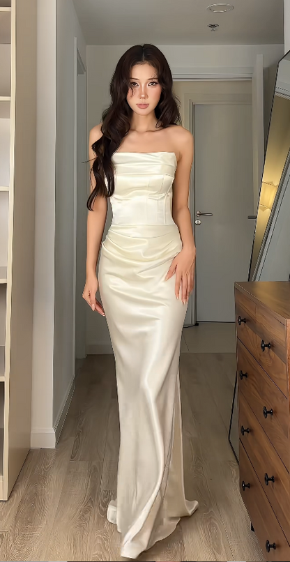 Fairy Sheath White Long Prom Dress Satin Evening Dress DP07434