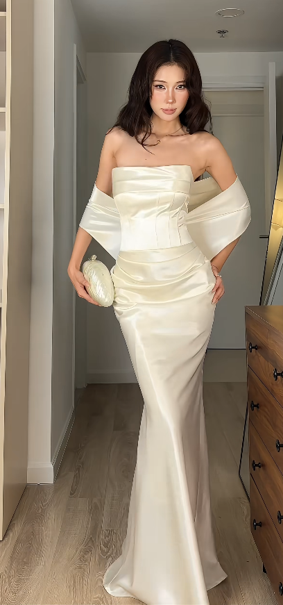 Fairy Sheath White Long Prom Dress Satin Evening Dress DP07434