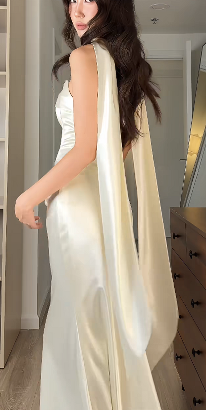 Fairy Sheath White Long Prom Dress Satin Evening Dress DP07434