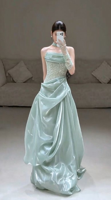 Fairy Sheath Satin Long Prom Dress Green Evening Dress DP07436