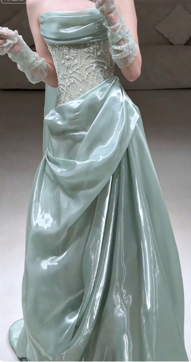 Fairy Sheath Satin Long Prom Dress Green Evening Dress DP07436