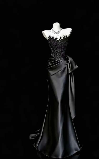 Fairy Sheath Satin Long Prom Dress Black Evening Dress DP07437