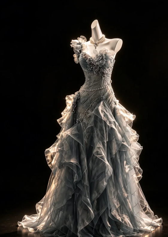 Fairy Sheath Tulle Long Prom Dress Dark Grey Evening Dress DP07438