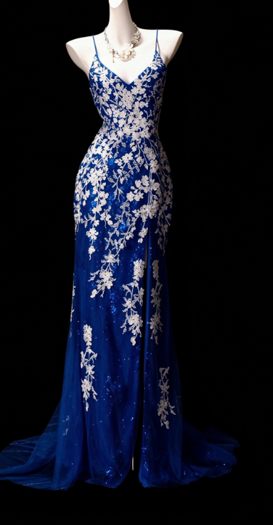 Fairy Sheath Tulle Applique Long Prom Dress Blue Evening Dress DP07445