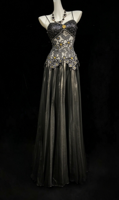 Fairy Sheath Satin Long Prom Dress Dark Grey Evening Dress DP07446
