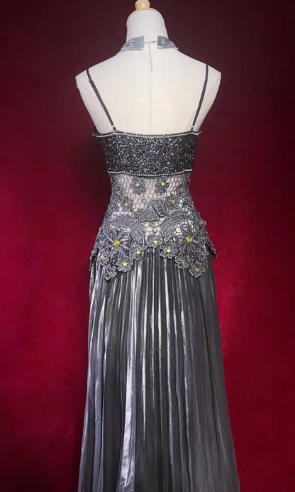 Fairy Sheath Satin Long Prom Dress Dark Grey Evening Dress DP07446