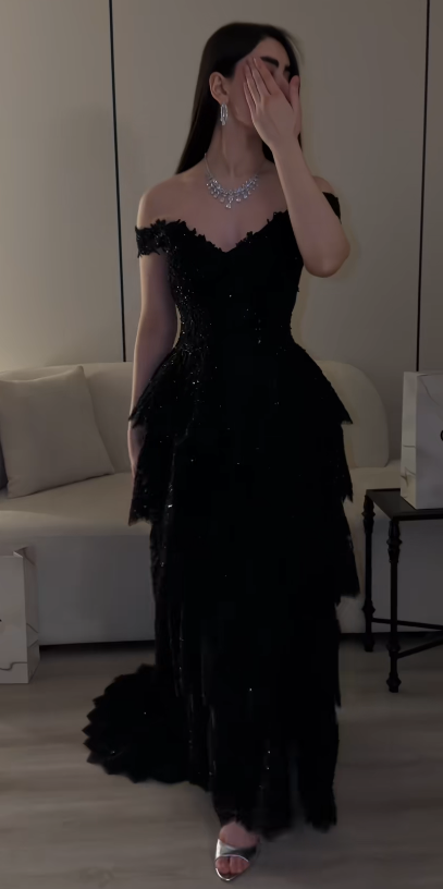 Fairy A-Line Lace Long Prom Dress Black Evening Dress DP07449