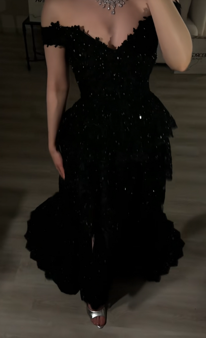 Fairy A-Line Lace Long Prom Dress Black Evening Dress DP07449