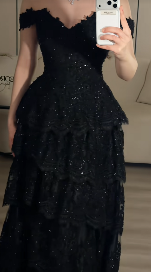 Fairy A-Line Lace Long Prom Dress Black Evening Dress DP07449