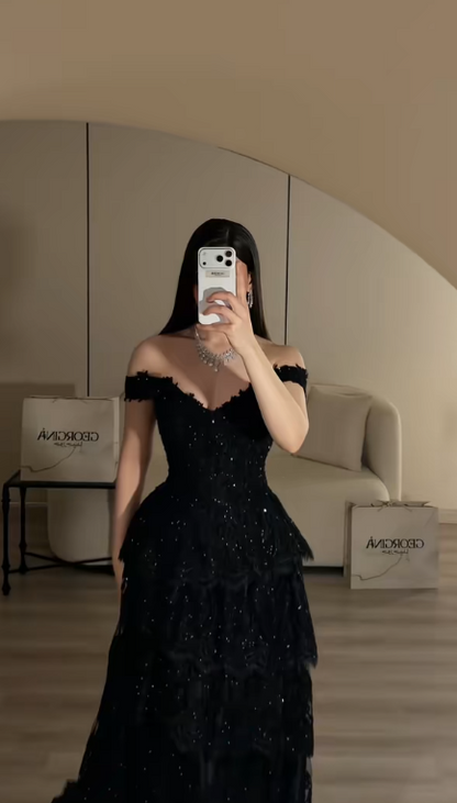 Fairy A-Line Lace Long Prom Dress Black Evening Dress DP07449