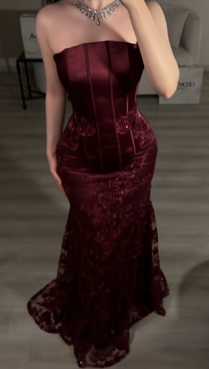 Fairy Sheath Dark Red Long Prom Dress Satin Evening Dress DP07450