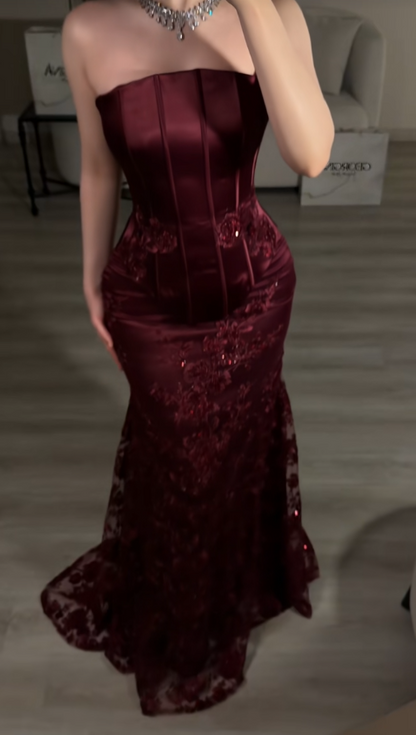 Fairy Sheath Dark Red Long Prom Dress Satin Evening Dress DP07450