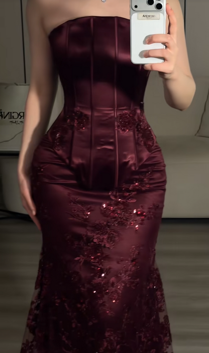 Fairy Sheath Dark Red Long Prom Dress Satin Evening Dress DP07450