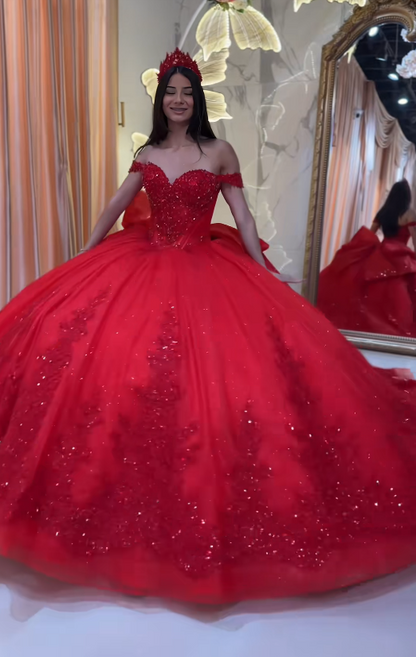 Gorgeous Red Ball Gown Quinceanera Dress Tulle Applique Sweet 16 Dress DP07451