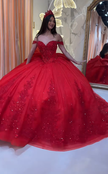 Gorgeous Red Ball Gown Quinceanera Dress Tulle Applique Sweet 16 Dress DP07451
