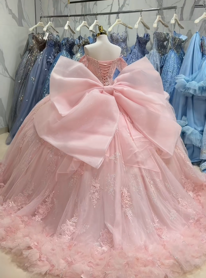 Gorgeous Pink Ball Gown Quinceanera Dress Tulle Applique Sweet 16 Dress DP07452