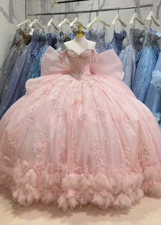 Gorgeous Pink Ball Gown Quinceanera Dress Tulle Applique Sweet 16 Dress DP07452