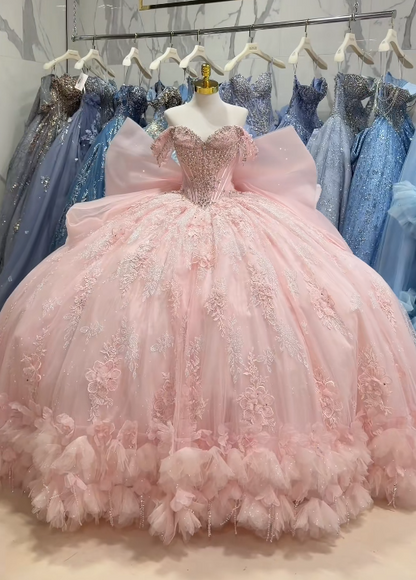 Gorgeous Pink Ball Gown Quinceanera Dress Tulle Applique Sweet 16 Dress DP07452