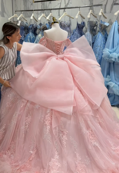 Gorgeous Pink Ball Gown Quinceanera Dress Tulle Applique Sweet 16 Dress DP07452