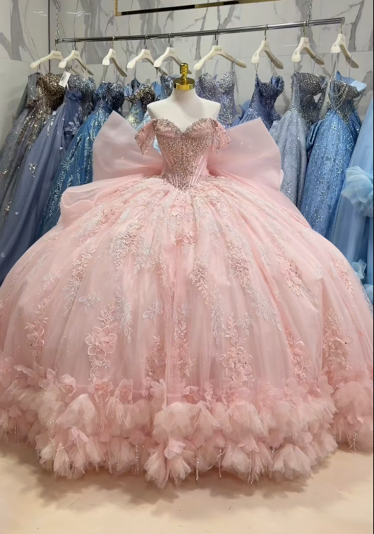 Gorgeous Pink Ball Gown Quinceanera Dress Tulle Applique Sweet 16 Dress DP07452