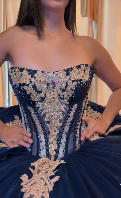 Gorgeous Navy Blue Ball Gown Quinceanera Dress Tulle Applique Sweet 16 Dress DP07454