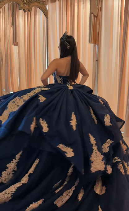 Gorgeous Navy Blue Ball Gown Quinceanera Dress Tulle Applique Sweet 16 Dress DP07454