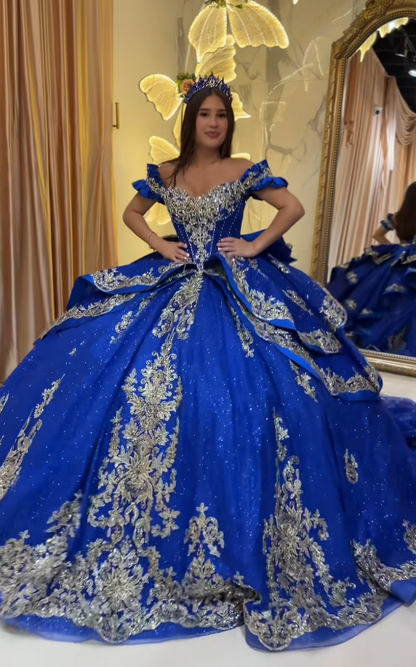 Gorgeous Royal Blue Ball Gown Quinceanera Dress Tulle Applique Sweet 16 Dress DP07455