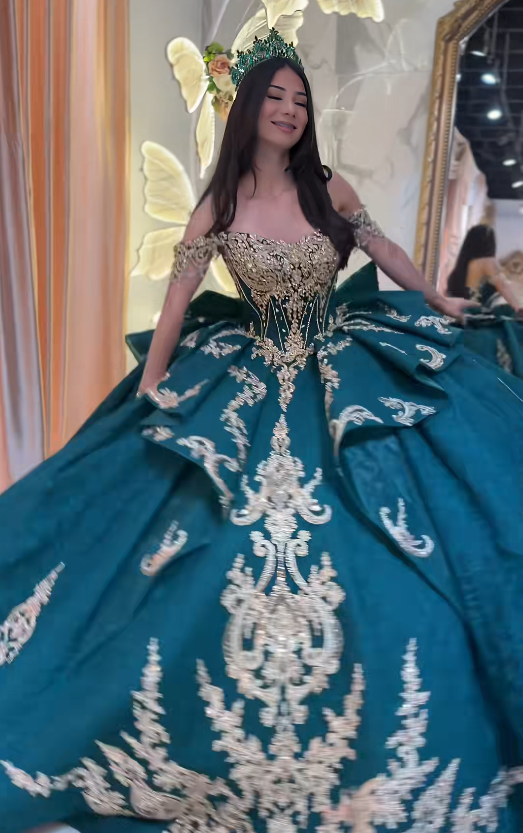 Gorgeous Green Ball Gown Quinceanera Dress Tulle Applique Sweet 16 Dress DP07462