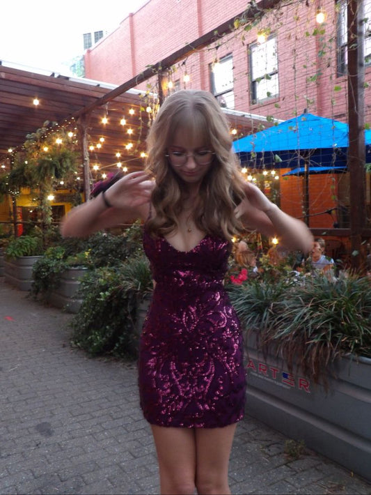 Grape Sequins Short Homecoming Dress Sheath Birthday Mini Dress DP07480