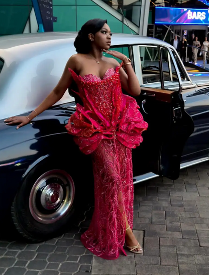 Robe de bal fourreau rouge à perles, robe de soirée longue sans bretelles DP07483