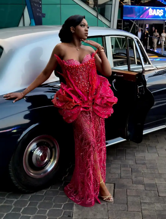 Red Beaded Prom Dress Sheath Strapless Long Evening Dress DP07483