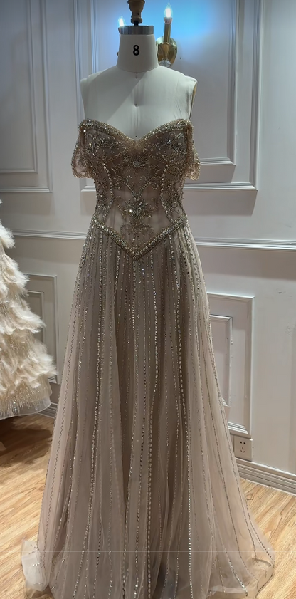 Robe de bal en tulle champagne, robe de soirée longue trapèze perlée DP07487