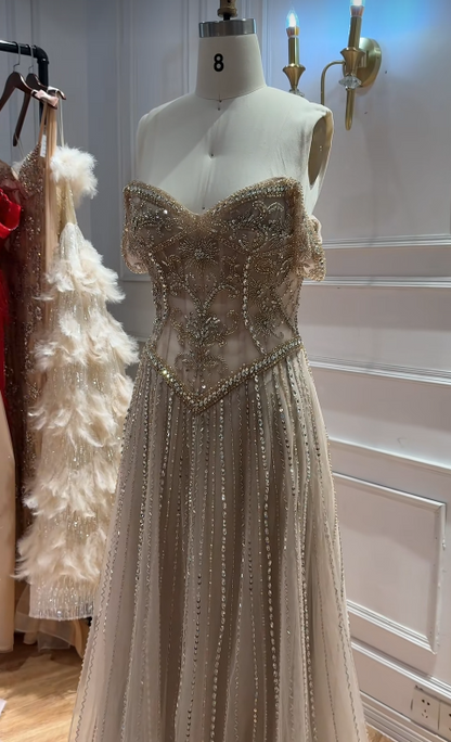 Robe de bal en tulle champagne, robe de soirée longue trapèze perlée DP07487