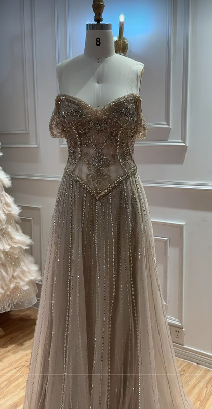 Robe de bal en tulle champagne, robe de soirée longue trapèze perlée DP07487