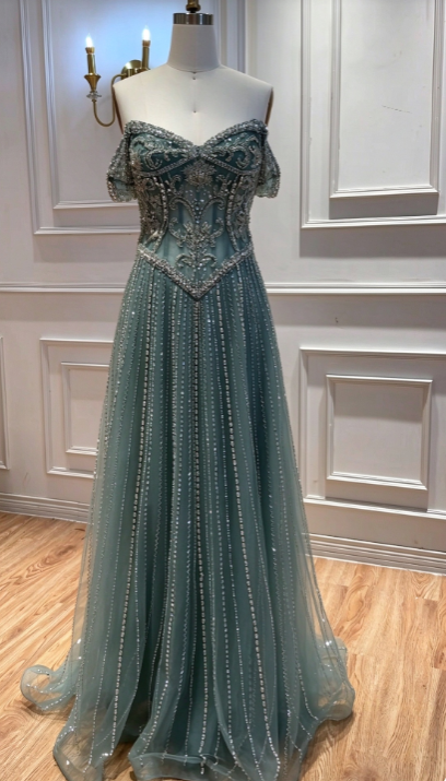 Robe de bal en tulle vert, coupe trapèze, perlée, longue robe de soirée DP07489