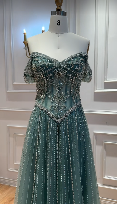Robe de bal en tulle vert, coupe trapèze, perlée, longue robe de soirée DP07489