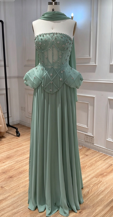 Robe de bal fourreau en mousseline verte perlée longue robe de soirée DP07490