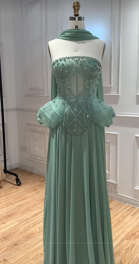 Robe de bal fourreau en mousseline verte perlée longue robe de soirée DP07490