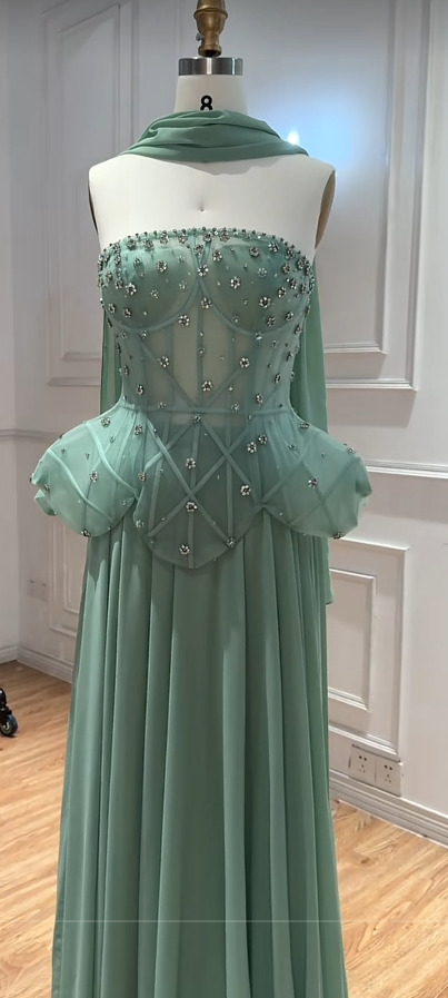Robe de bal fourreau en mousseline verte perlée longue robe de soirée DP07490
