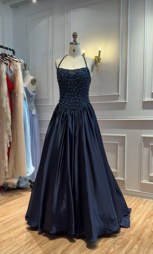 Navy Blue Satin Prom Dress A-Line Long Evening Dress DP07491