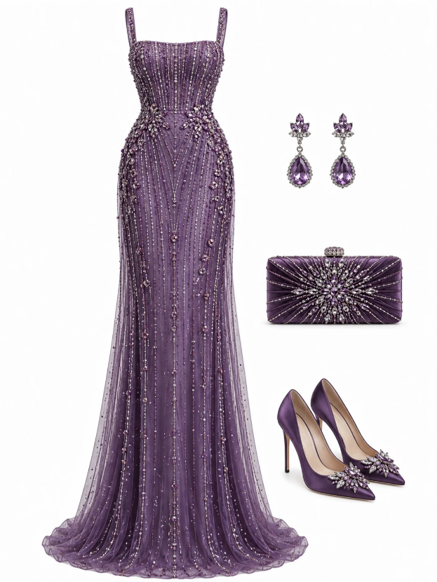 Robe de bal fourreau longue en tulle perlée violette DP07493