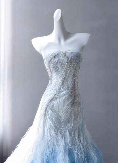 Robe de bal bleue trapèze en tulle, longue robe de soirée DP07495