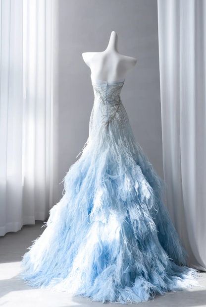 Robe de bal bleue trapèze en tulle, longue robe de soirée DP07495