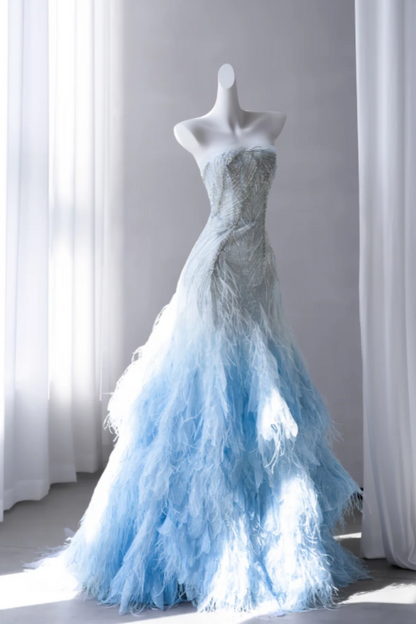 Robe de bal bleue trapèze en tulle, longue robe de soirée DP07495