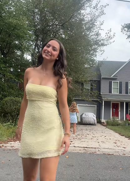 Yellow Beaded Short Homecoming Dress Sheath Chiffon Birthday Dress DP07511