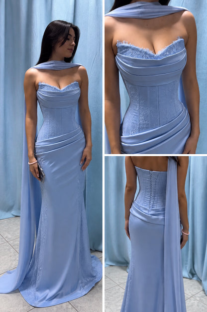 Blue Prom Dress Sheath Satin Long Evening Dress DP07517