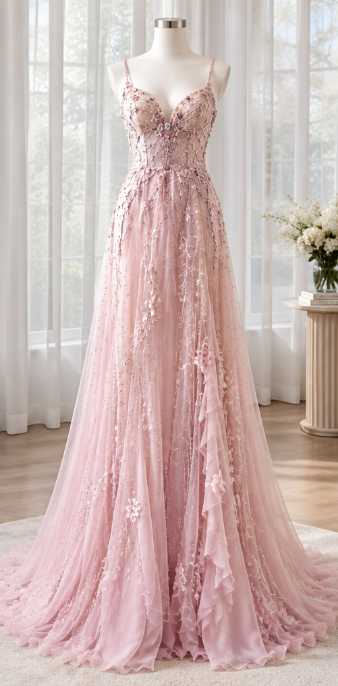 Pink Prom Dress Sheath Tulle Long Evening Dress DP07520